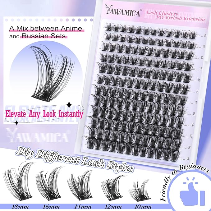 Yawamica Lash Extension Kit Wispy Lash Clusters Kit C Curly Eyelash Clusters 10-18mm Cluster Eyelash Extensions Kit Soft Individual Lashes DIY Lash Kit with Lash Cluster Glue Lash Tweezers by Self