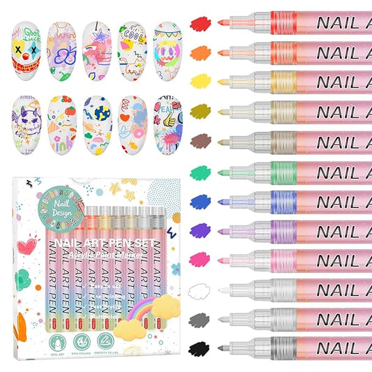 IONSGAKO 12 Colors Nail Art Pens Set, Nail Polish Pens for Nail Art Quick Drying 3D Acrylic Paint Markers for Painting Dotting Liner Pen Nail Salon DIY Design Kit 0.7mm
