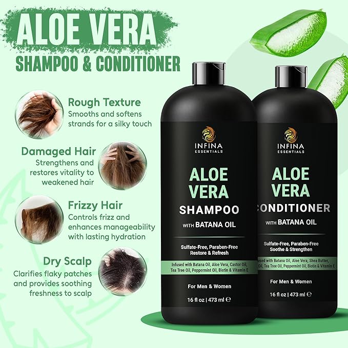INFINA ESSENTIALS Aloe Vera Shampoo and Conditioner Set | 16 fl oz Each | with Batana Oil | Hydrating, Soothing & Moisture Balance Formula | Nourishing Care for Dry, Itchy or Sensitive Scalp