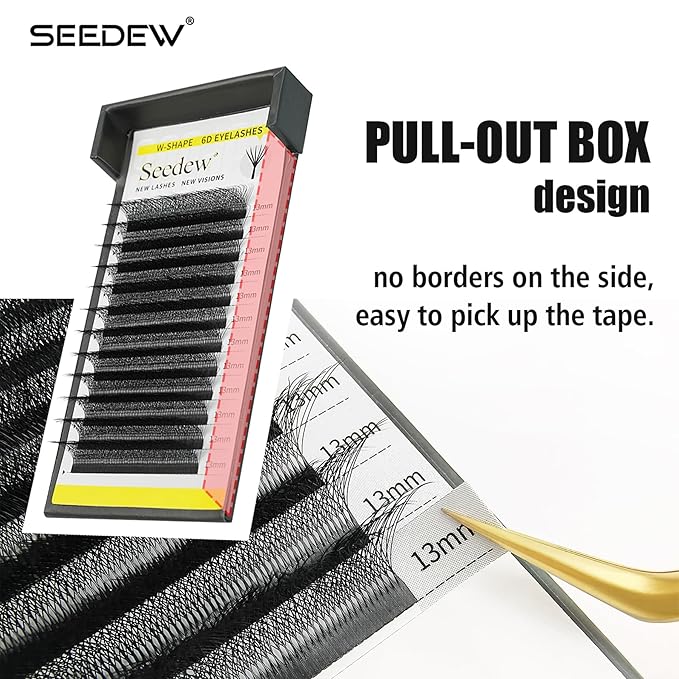 SEEDEW 6D Lash Extensions, 0.07mm C Curl 10mm 12 Rows/Tray, W Shape Flat Stem, Korean PBT Mega Volume False Eyelashes Grafting for Beginner Artist, Lash Tech, Beauty Salon(6D-Matte Black-0.07-C-10mm)