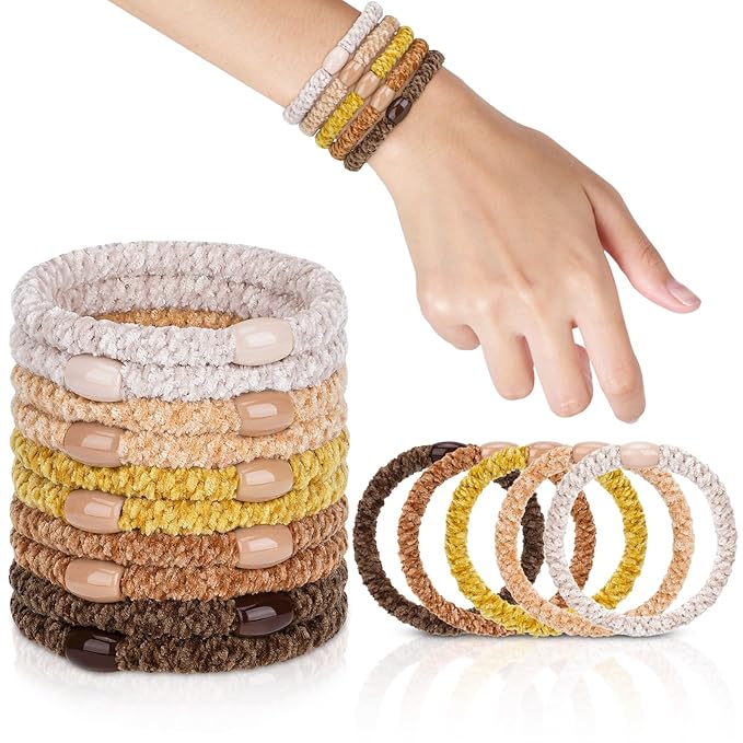 Braided Hair Ties No Damage, 10 Pcs Soft Plush Hair Bands for Women's Hair, Bracelet Hair Elastics & Ponytail Holders for Thick Hair - Terra Brown