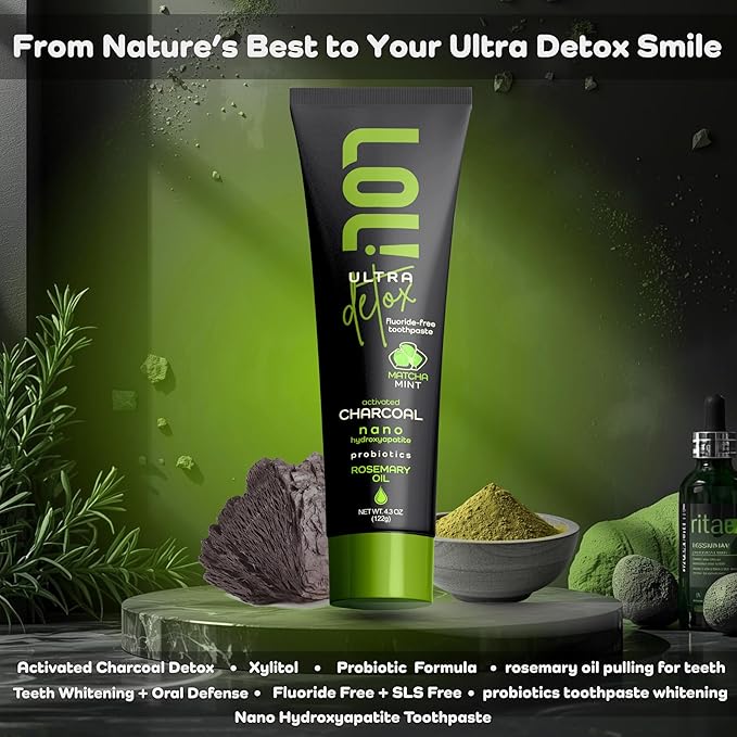 LOL Detox Activated Charcoal Toothpaste Whitening - Nano Hydroxyapatite, Probiotics, Matcha, Rosemary Oil, Xylitol, Fluoride Free - Gum Detoxify Toothpaste (4.3oz, Ultra Detox Matcha Mint)
