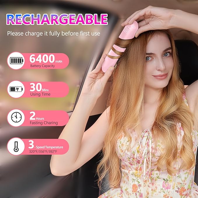 STUDLLY LCD Screen Cordless Hair Straightener Curler 2 in 1, Portable Mini Hair Straightening Brush for Travel Negative Ionic Fast Heating Hot Comb for Women, Folding Brush with Mirror, Pink