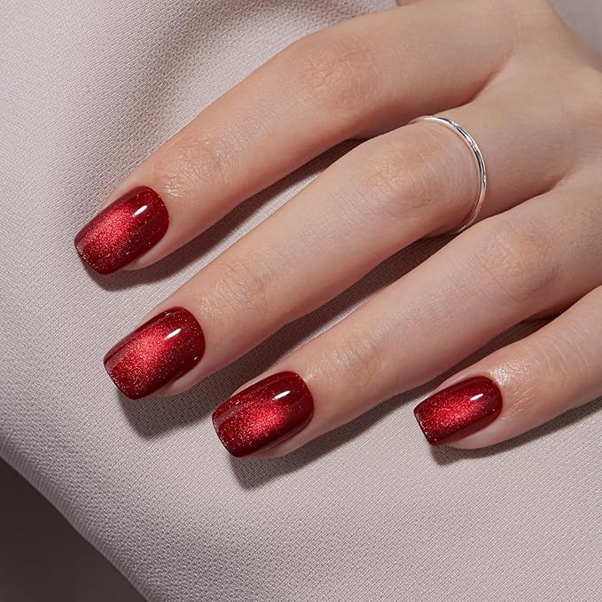 VSALON Press on Nails Short Square - Burgundy Red Cat Eye Glitter Fake Nails, Reusable Opaque Gel Magnetic Effect Fake Nails with Glue & Cuticle Oil - 32 PCS in 16 Sizes Valentines Gifts for Women