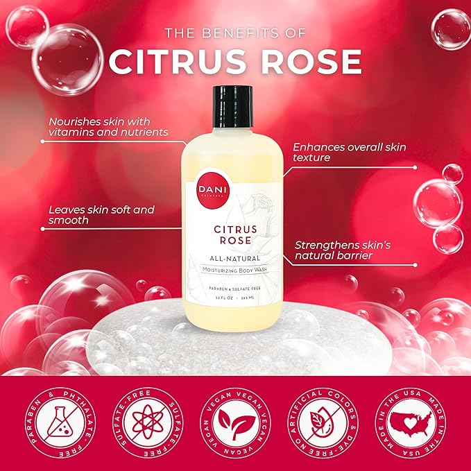 DANI Naturals Moisturizing Body Wash - Citrus Rose Scent with Organic Aloe Vera & Natural Glycerin - Paraben & Sulfate-Free Shower Gel - 12 oz - Vegan & Cruelty-Free