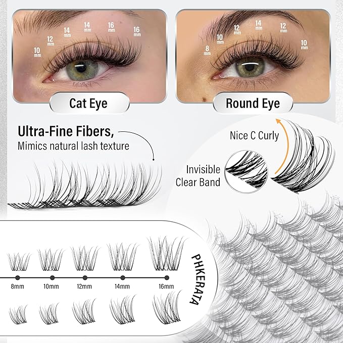 PHKERATA Velure Lash Clusters Kit Natural Eyelash Clusters Wispy Lash Extension Kit Invisible Clear Band Lashes DIY Cluster Eyelash Extensions with Bond and Seal Tweezers, 8-16mm, 120Pcs