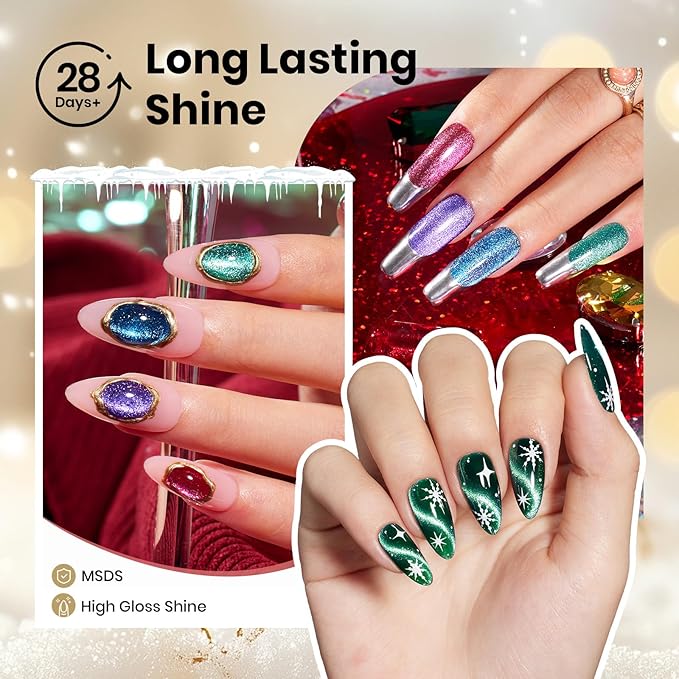 Beetles Velvet Starlight Cat Eye Gel Nail Polish Set, 6 Colors Christmas Gel Nail Kit Glitter Red Green Pink Shiny Brown Burgundy Purple Blue Magnetic Effect Soak Off UV Manicure Gifts for Women