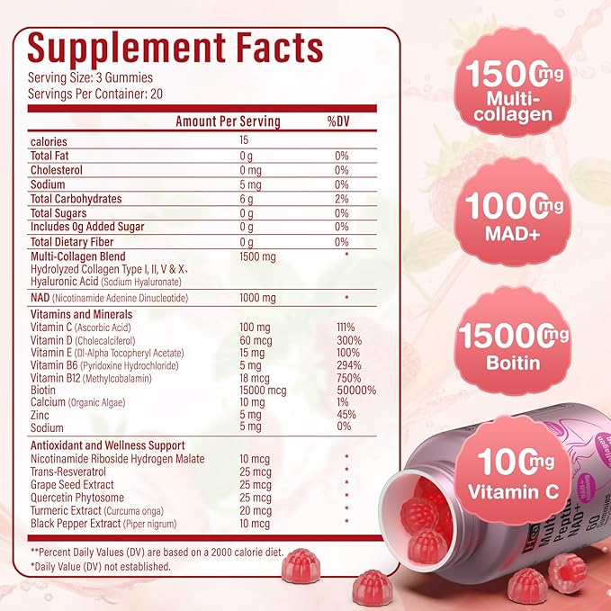 HealthSender Collagen Peptide Gummies, Sugar-Free Woman &Man's Proteins Collagen Gummy Filled 1500mg Hydrolyzed Collagen Type I,II,III,V,X,1000mg NAD 15000mcg Biotin Supplement for Skin, Hair, Nails