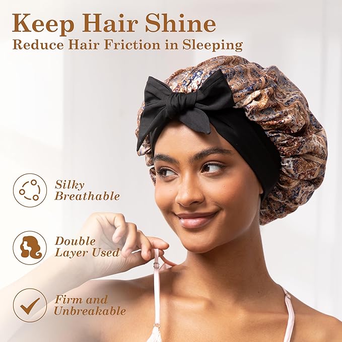Tie Band Silk Satin Bonnet for Sleeping Hair: Women Sleep Night Wrap Cap for Straight Wavy Curly Coily Kinky Natural Hair Head - Bohemia
