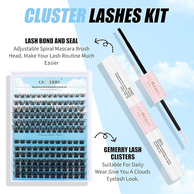Lash Clusters GEMERRY Cluster Lashes 150 PCS Individual Lashes Two Styles Eyelash Clusters Wide Stem Soft Fluffy Cluster Eyelash Extensions DIY at Home (Sunshine/Rainbow-0.07-D-8-16MIX)