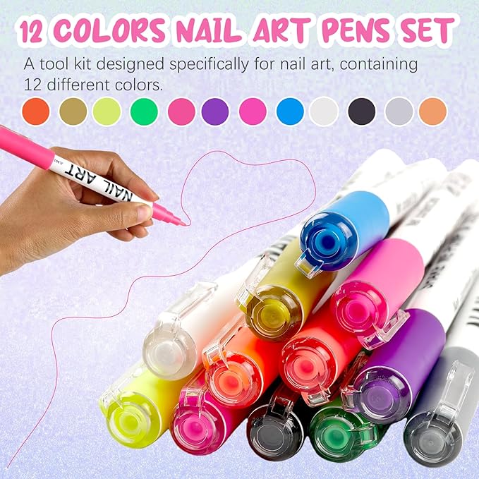 MKNZOME 12 Color Nail Art Pens for Painting Nails, 0.7 MM 2026 Fluorescent Nail Polish Pens Drawing Point Liner Acrylic Painted Pen Kit, DIY Design Manicure Tools Christmas Gifts