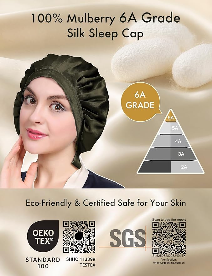 LilySilk 100% Mulberry Silk Bonnet Flat Front Silk Night Sleep Cap Adjustable Hair Wrap for Sleeping, Olive Green