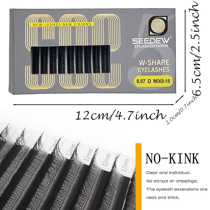 SEEDEW 5D Lash Extensions, 0.07mm D Curl 9mm 12 Rows/Tray, W Shape Flat Stem, Korean PBT Volume False Eyelashes Grafting for Beginner Artist, Lash Tech, Beauty Salon(5D-Matte Black-0.07-D-9mm)