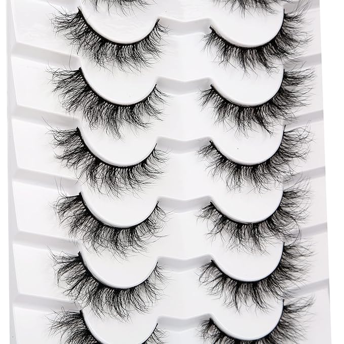 Pooplunch False Eyelashes Cat Eye Look Lightweight Natural Wispy 8D Volume Faux Mink Lashes Short Curly Fake Eyelash Strips 7 Pairs Pack