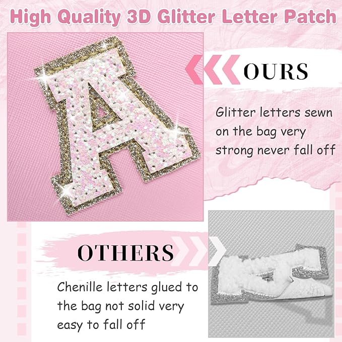 Small Personalized Initial A-Z Patch Makeup Bag,Pink Cute PU Leather Glitter Letter Cosmetic Bag for Teen Girls,Travel Toiletry Bag with Zipper,Preppy Monogrammed Birthday Gift for Daughter Niece C