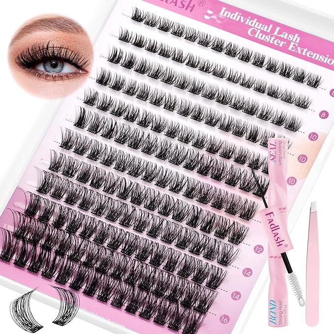 FADLASH Lash Clusters Kit DIY Lash Extension Kit D Curl 0.07 Natural Eyelash Extension Clusters Wispy Lash Clusters with Lash Bond and Seal Lash Tweezer for Self Application(F34-0.07D, 8-16mm Kit)