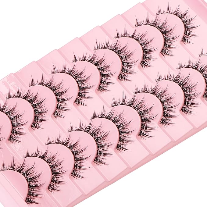 outopen 10 Pairs Manga Lashes Natural Look False Eyelashes Wispy Spiky Anime Lashes Korean Japanese Asian Style Cosplay Fake Eyelashes with Clear Band