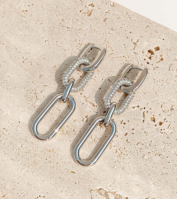OZEL 14K Gold & Silver Plated Paperclip Chain Earrings with Cubic Zirconia – Dangle, Hoop, Huggie, Stud Styles – Women’s Fashion Jewelry Gift