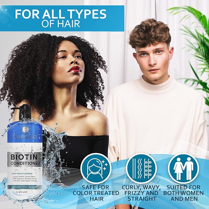 BELLISSO Biotin Conditioner - Sulfate Free Hair Thickening Products for Women and Men - Deep Conditioning Treatment for Dry Damaged Strands