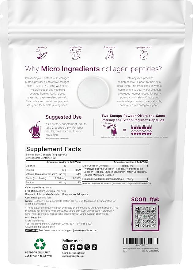 Multi Collagen Protein Powder, 2 Pounds – Type I,II,III,V,X with Biotin 10000mcg, Hyaluronic Acid, Vitamin C – Unflavored Collagen Peptides – Keto & Paleo Friendly, Easy Dissolve, Non-GMO