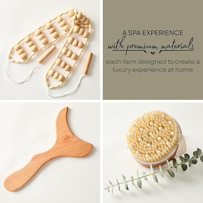 Abundantly Made Co. | 6-Piece Lymphatic Drainage Variety Kit + Wood Therapy Massage Tools | Wood, Jade & Silicone for Maderoterapia, Gua Sha, Cupping & Dry Brushing | Body Sculpting + Fascia Massager
