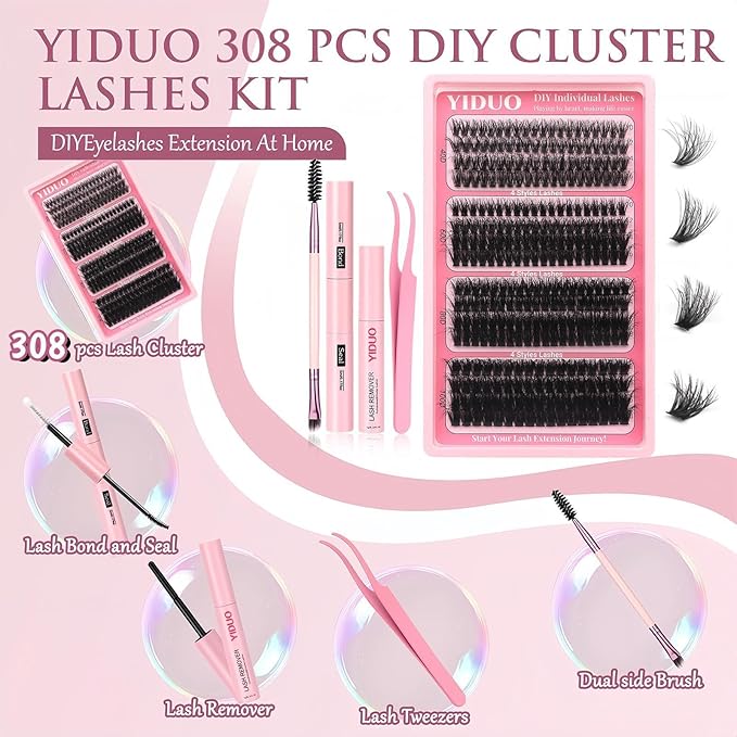 YIDUO Clusters Lashes Kit False Eyelashes Extensions 40D+60D+80D+100D Volume D Curl Wispy Individuals Fake Eyelash, 308Pcs All-in-1 Pack with Glue |Tweezers |Removers |Eyelash & Eyebrow Brush