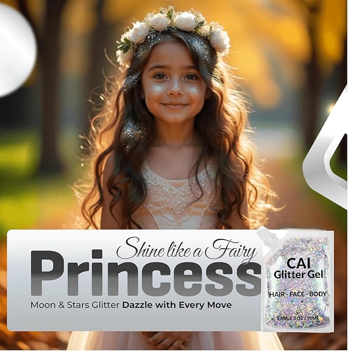 Face, Body & Hair Glitter Gel – Halloween Glitter for Kids and Women – 3 Oz Cosmetic-Grade Gel w/Moon & Stars for Festivals & Halloween Party, Easy Apply & Wash Off - Blue/Silver 2Pack