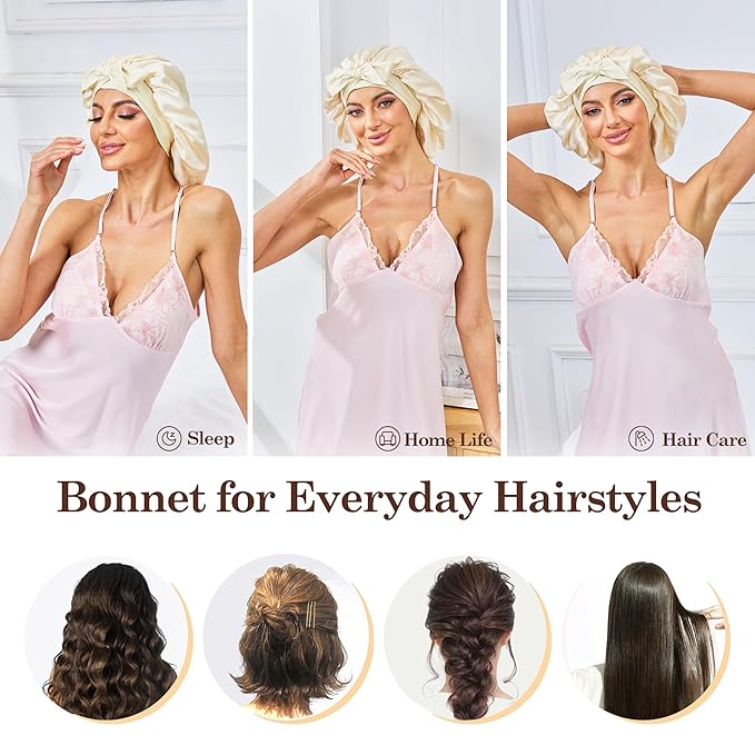 Silk Satin Bonnet for Sleeping Hair: Women Sleep Night Wrap Cap for Straight Wavy Curly Coily Kinky Natural Hair Head by Tie Band - Creamy Yellow Double Side