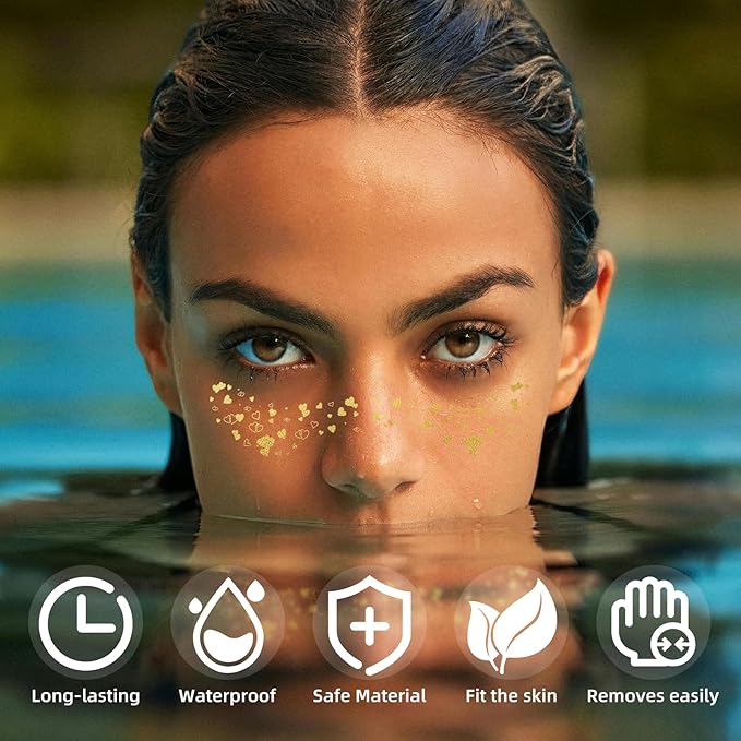 Glitter Freckles - Gold Glitter Freckles Face Tattoo, 6PCS Makeup Patches, Temporary Face Glitter, Faux Fake Freckles, Cute Face Jewels for Women and Girls, Water Transfer Face Glitter for Kids