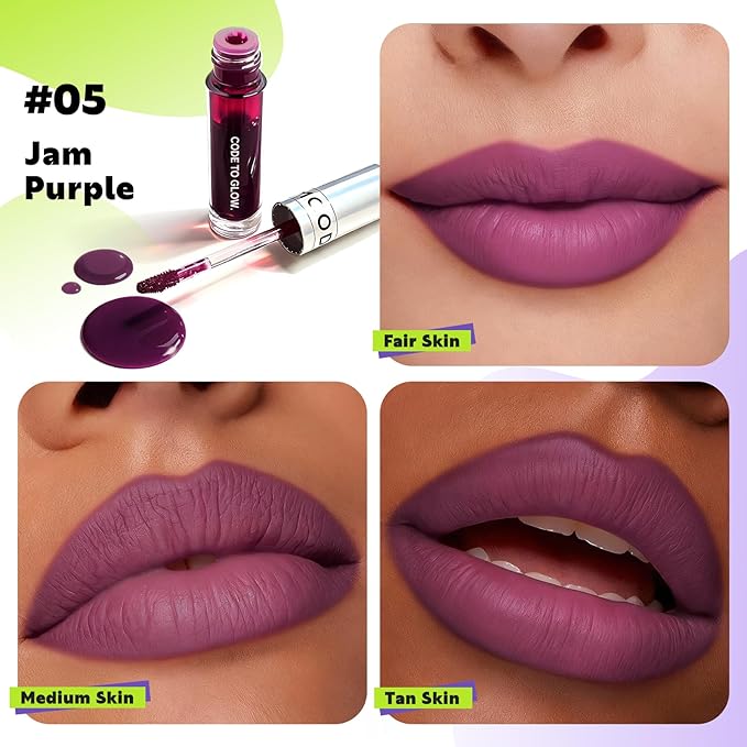 Glam Code Wipe-Off Lip Stain, Long-wearing Matte Lip Tint Lightweight Non-stick to Cup Transfer-Resistant and Smudge-Proof Highly Pigmented Vibrant Kiss-Proof Lip Stain - 05# Jam Purple