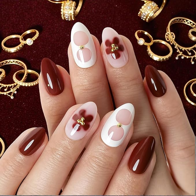 RPNZL Press On Nails - Blossom | Floral Design Almond UV Finish Nails, Salon Quality | 32 Nails, 16 Sizes Kit with Glue and Adhesive Tabs I Female Founded