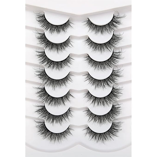 Pooplunch False Eyelashes Wispy Lashes Cat Eye Volume 8D Natural Fluttery Fake Eyelashes Faux Mink Lashes Strips 7 Pairs Pack