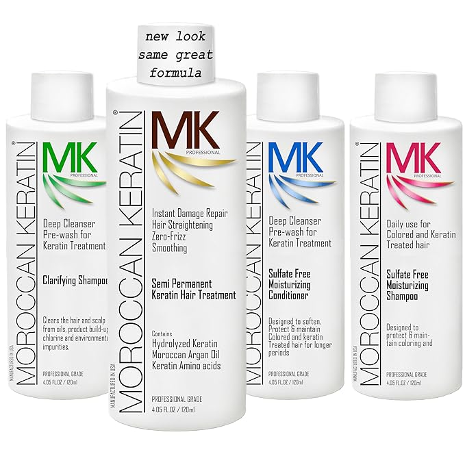 Moroccan Keratin Hair Treatment Straightening Blowout Brazilian Smoothing Professional Results Salon and Home Use , Long Lasting organic results 4-6 months 4pc Set