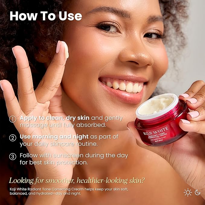 Koji White 1% Kojic Acid Cream | Face Moisturizer Radiant Tone Correcting Cream with 1% Alpha-Arbutin, 3% Niacinamide & Hyaluronic Acid for All Skin Types, Unscented, Vegan Skincare, 1.05 FL Oz