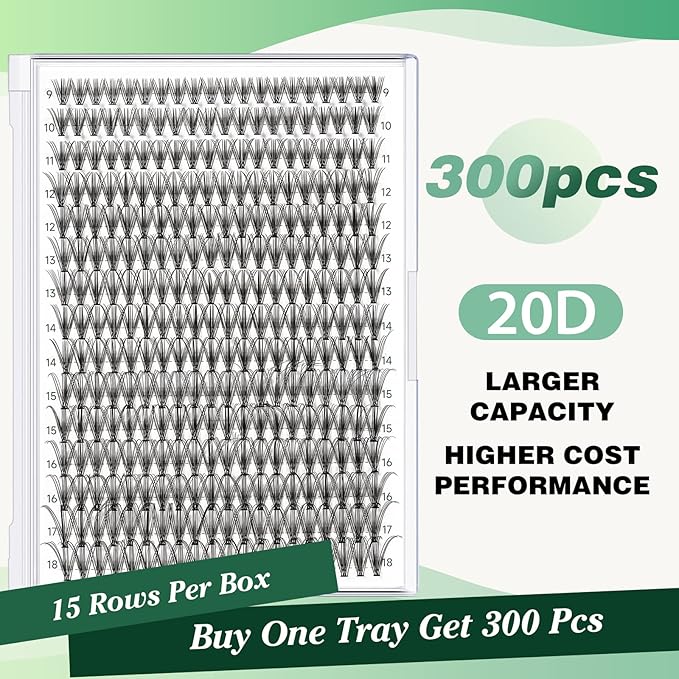 Lash Clusters 300Pcs Individual Lashes 20D 0.07C Curl 9-18MIX Lash Extensions Clusters Lashes Soft&Natural False Eyelashes Individual DIY Eyelash Extension at Home(20D-0.07C,9-18MIX)