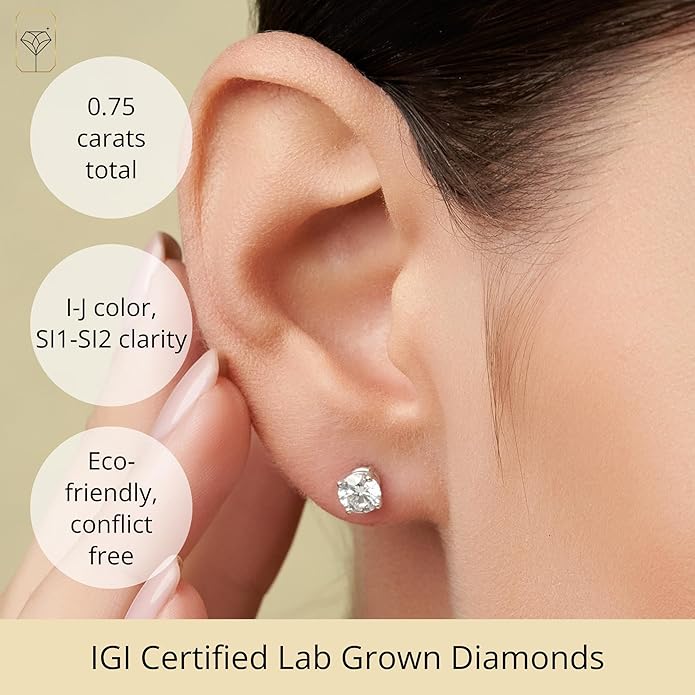 1/4-2 Carat IGI Certified Lab Grown Diamond Stud Earrings | Solitaire Real Diamonds Earring for Women in I-J Color & SI1-SI2 Clarity | 14K Gold Diamond Studs with Secure Backs by MAX + STONE