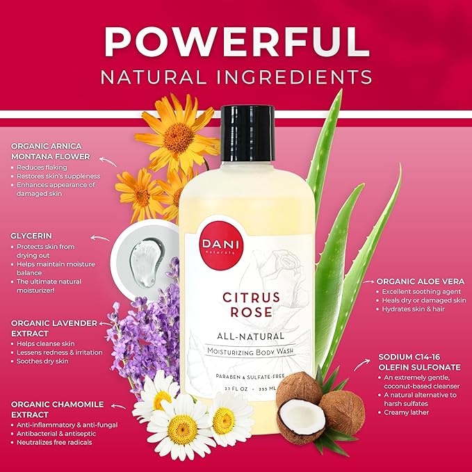 DANI Naturals Moisturizing Body Wash - Citrus Rose Scent with Organic Aloe Vera & Natural Glycerin - Paraben & Sulfate-Free Shower Gel - 12 oz - Vegan & Cruelty-Free