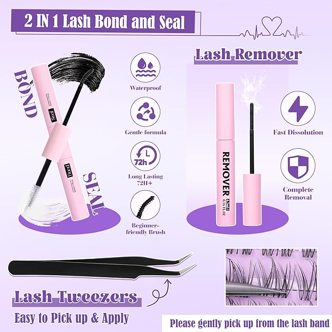 Clear Band Lash Clusters Kit Natural Wispy Lash Extensions Kit 10-14mm DIY Eyelash Extension Kit C-Curly Individual Lashes Kit with Lash Glue Lash Remover Self Application at Home by ALICE