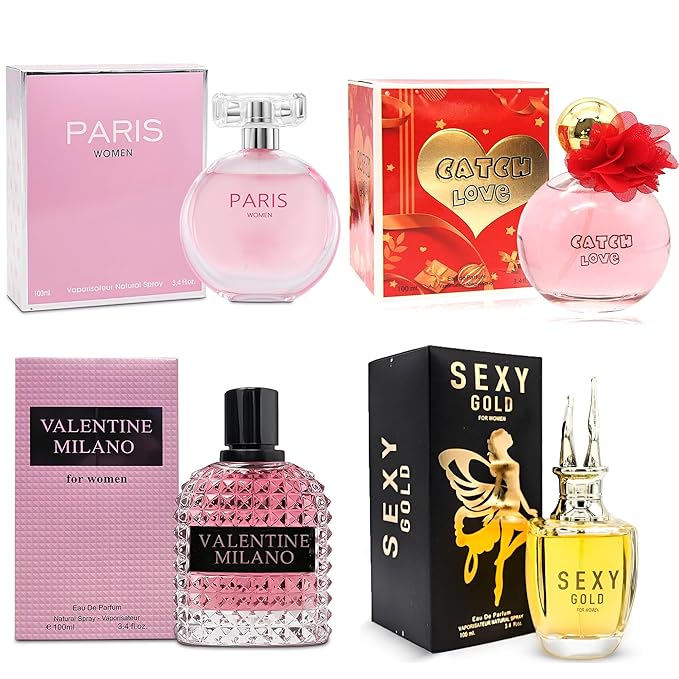 A CENTER 4PCS Perfume Set for Women - Floral Fragrance Gift Set with Vanilla,Sweet Fruity, Eau De Parfume| 3.4 Fl Oz Each Women's Cologne(Valentine Milano,Sexy Gold,Catch Love)