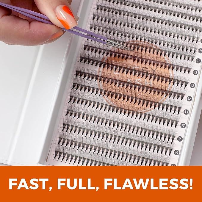 Eyesy Lash 448 Narrow Promade Fans - 10D 0.07mm Thickness D Curl 9-15mm Mixed Lengths - Mega Volume Eyelash Extension Long Stem Narrow Premade Lash Fans Fluffy Pre Made Eyelash Extension Trays
