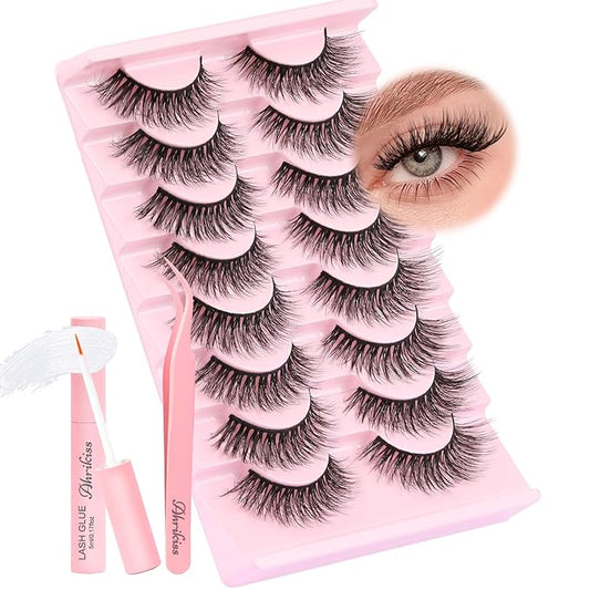 Ahrikiss Lashes Fluffy False Eyelashes Cat Eye Lashes 8 Pairs Faux Mink Lashes 5D Full Strip Lashes Kit with Lash Glue and Lash Tweezers Soft Wispy Fake Lashes (Plume)