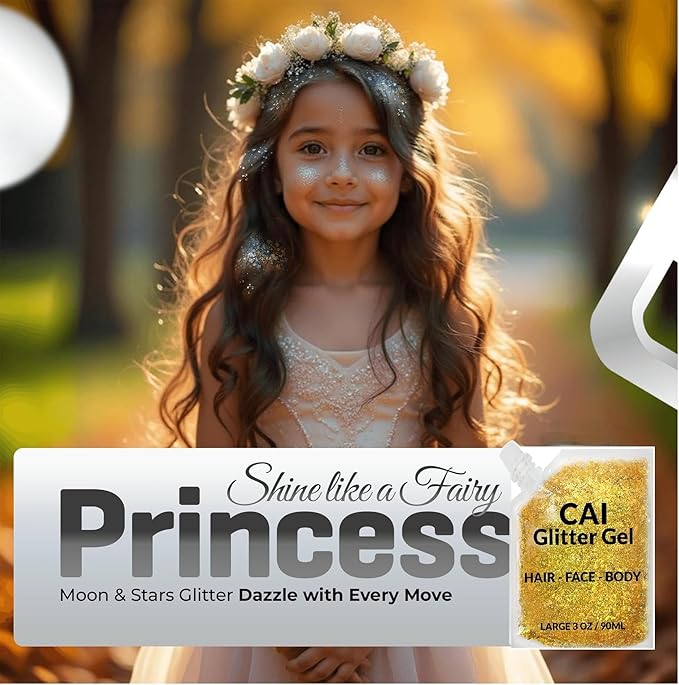 Face, Body & Hair Glitter Gel – Halloween Glitter for Kids and Women – 3 Oz Cosmetic-Grade Gel w/Moon & Stars for Festivals & Halloween Party, Easy Apply & Wash Off - Rose/Gold 2Pack