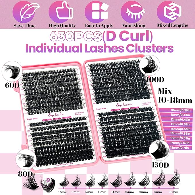 Qiveaory DIY Lash Extension Kit 630pcs Lashes Clusters Thick D Curl Eyelash Extension Kit with Lash Bond and Seal,Eyelash Remover Tweezers Brush(10-18mm,60D+80D+100D+150D) DIY at Home