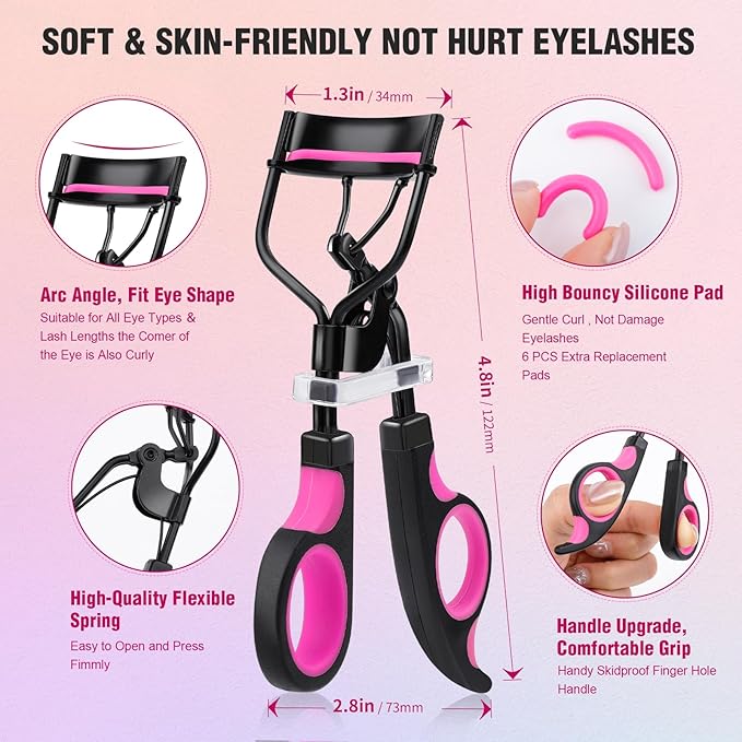 Docolor Eyelash Curler Kit, 5 in 1 Lash Curler Kit, eyelash comb fan mascara brush eyelash extension tweezers eyebrow brush and comb with 6 Extra Replacement Refill Pads Eyelash Applicator Makeup Tool