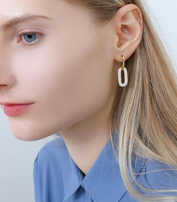 OZEL 14K Gold & Silver Plated Paperclip Chain Earrings with Cubic Zirconia – Dangle, Hoop, Huggie, Stud Styles – Women’s Fashion Jewelry Gift