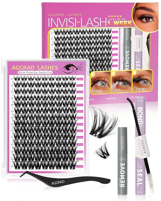 Flora Lash Clusters Kit Wispy Fluffy 8-18mm Hybrid Volume Eyelashes Cluster Extension Kit D Curl Individual DIY False Lash Extension Kit with Lash Bond and Seal, Thin Invisible Black Lash Band