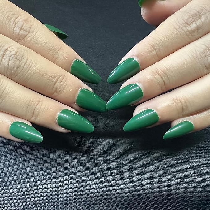 JONKASIPA Press On Nails (Short) - Dark Green Press-On Nails, French Oval False Nails with Nail Glue, Reusable Stick-On Nails, 24 Pcs Nail Set