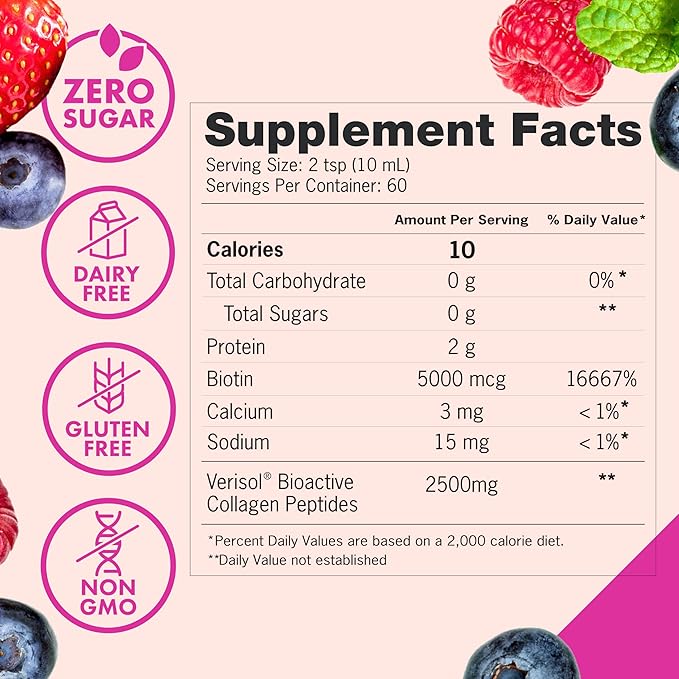 Zena Nutrition Liquid Collagen for Women & Men (Type 1 & 2) & 5000mcg Biotin, 2500mg Verisol Bioactive Collagen Peptides, Hair, Skin, Nail Supplement, Mixed Berry, 60 Servings, 20.3 fl oz