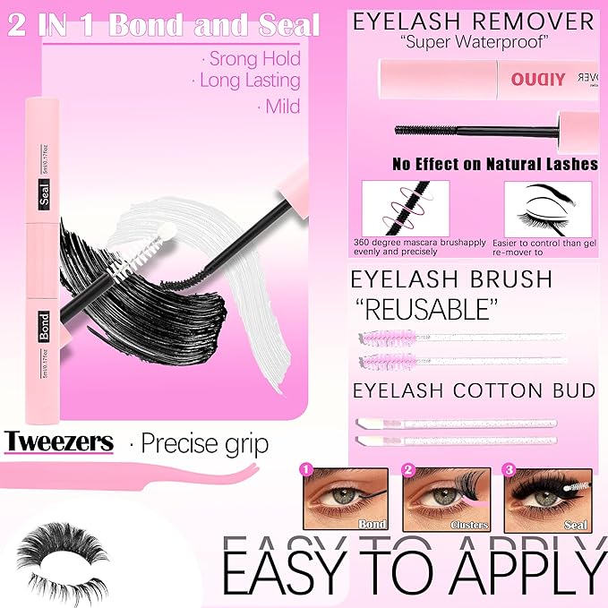 YIDUO 6 Styles Mix Lashes Clusters Kit 3 Box Cluster Lash Book Kit with 2X Bond&Seal 1520Pcs 100D/200D/300D Volume Individual Eyelash Extension Gift Packs for Beginners. DIY at Home Easily