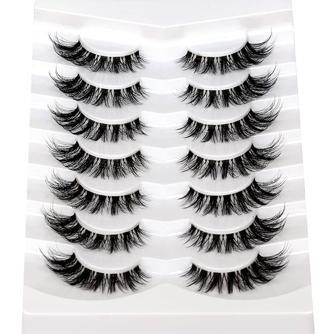 Pooplunch False Eyelashes Invisible Band Cat Eye Lashes Wispy Extension Volume Natural Short Fake Eyelash Faux Mink Lashes Strips 7 Pairs Pack